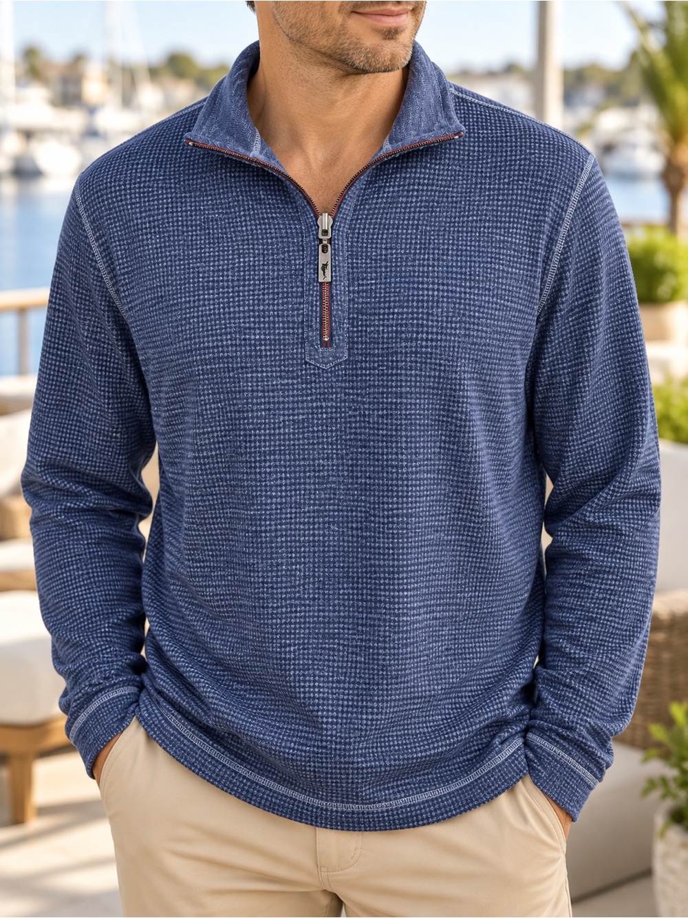 Y2K Tommy Bahama Reversible Quarter-Zip Pullover Men’s XL Blue Micro Check